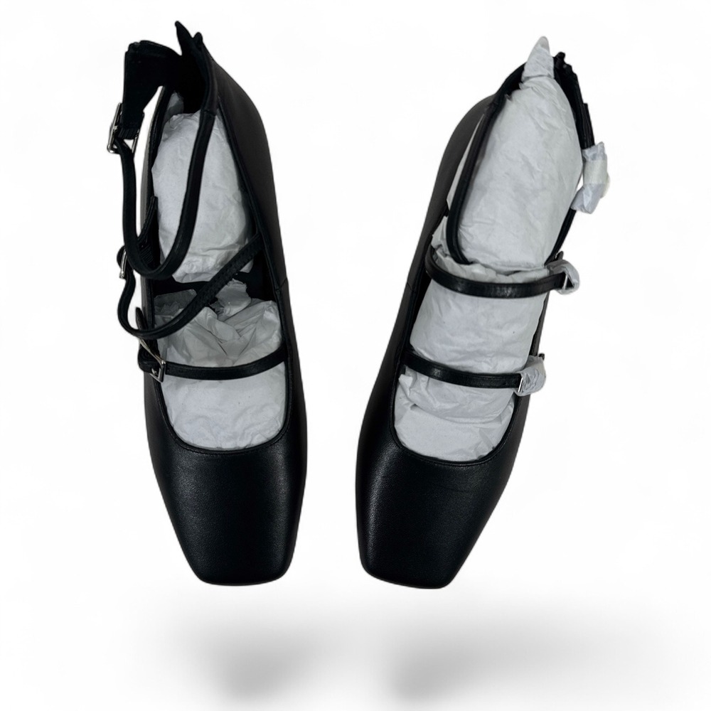 Quince Italian Leather Strappy Ballet Flat Black Square Toe Mary Jane 7 NIB